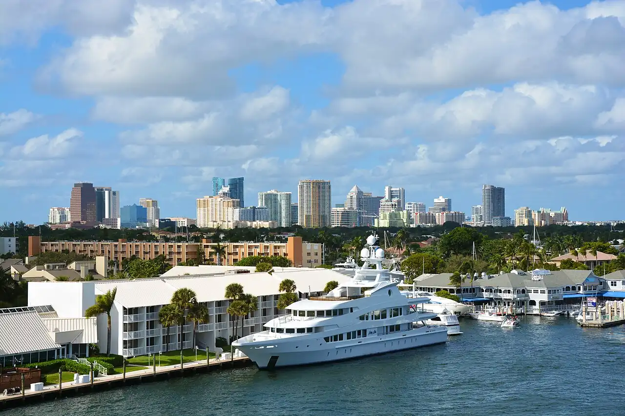 Downtown Fort Lauderdale high-rise towers behind waterfront buildings and marinas on the Intracoastal Waterway in Broward County
