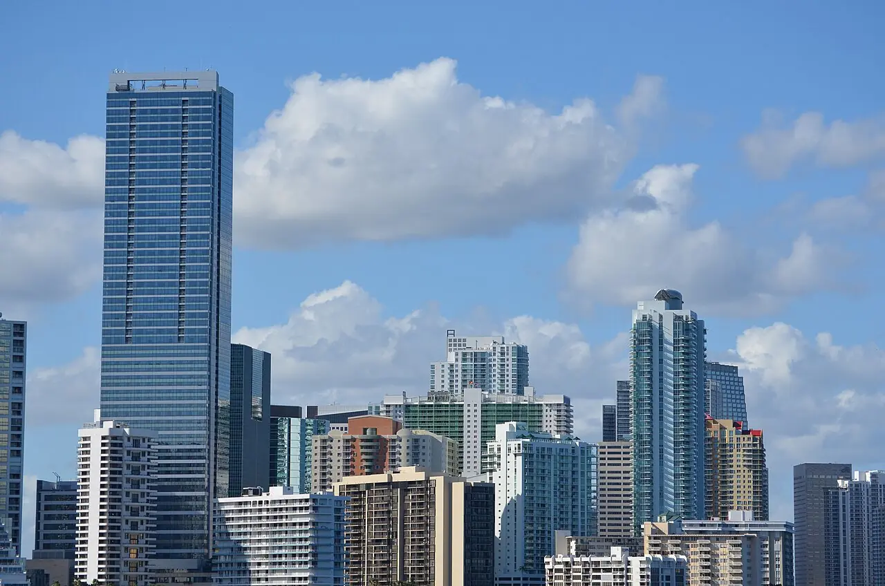 High-rise residential and office towers in the Brickell area of Miami, seen from the south