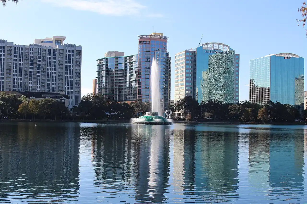 High-rise residential and office towers around Lake Eola in downtown Orlando, Orange County, Florida