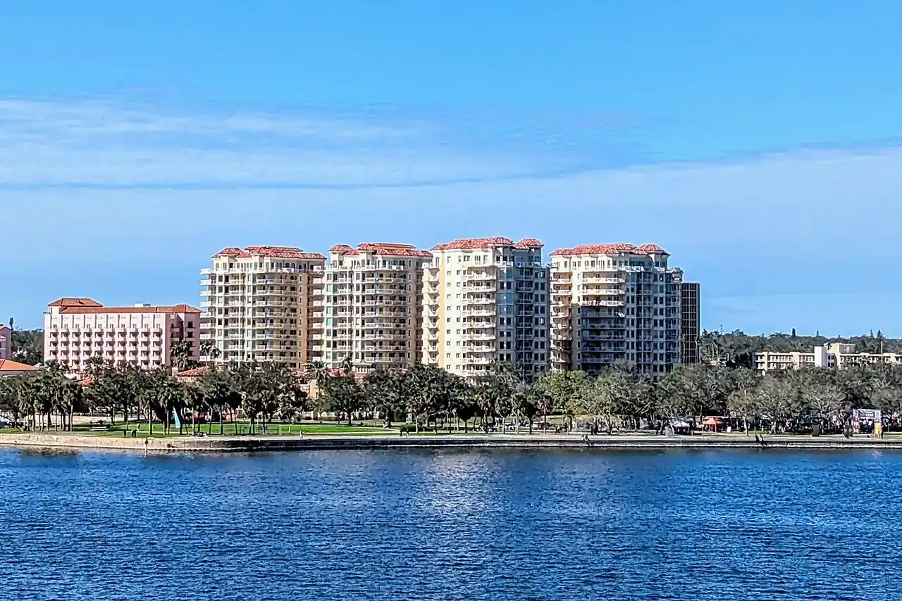 Vinoy Place condominium towers on the St. Petersburg waterfront in Pinellas County, seen from the St. Pete Pier