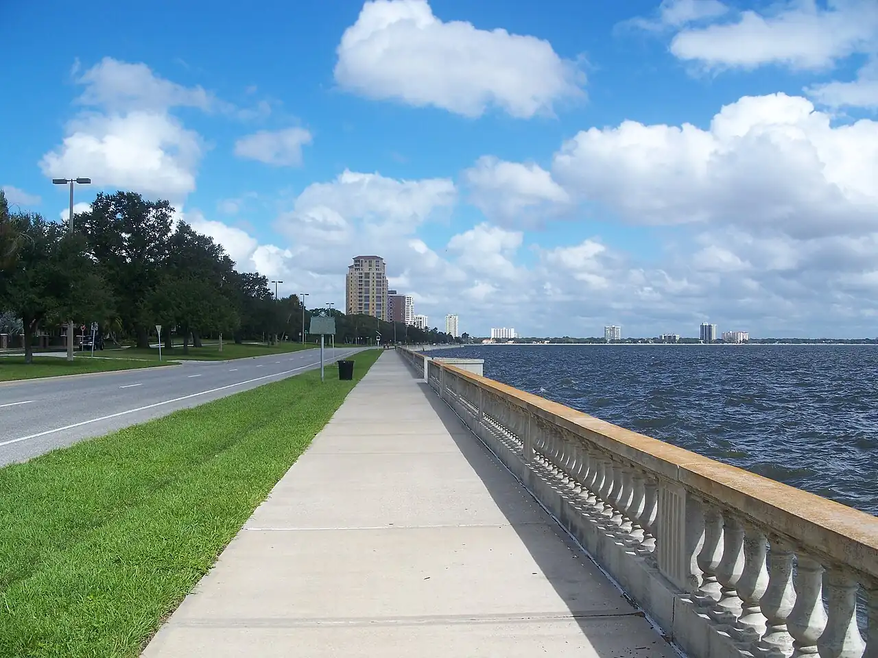 High-rise buildings along the Bayshore Boulevard seawall on Hillsborough Bay in Tampa, Hillsborough County, Florida