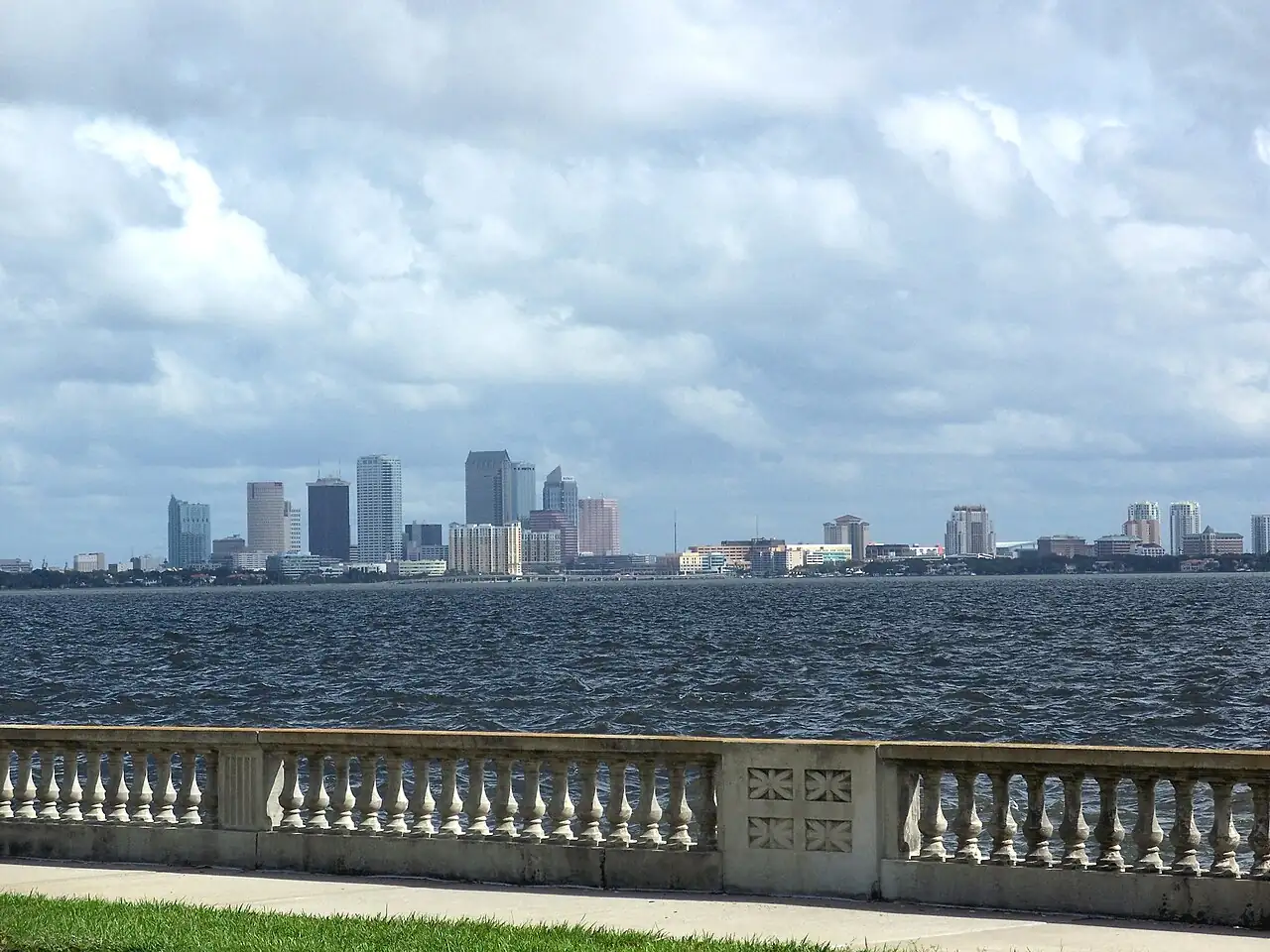 Downtown Tampa skyline across Hillsborough Bay, seen from the Bayshore Boulevard seawall