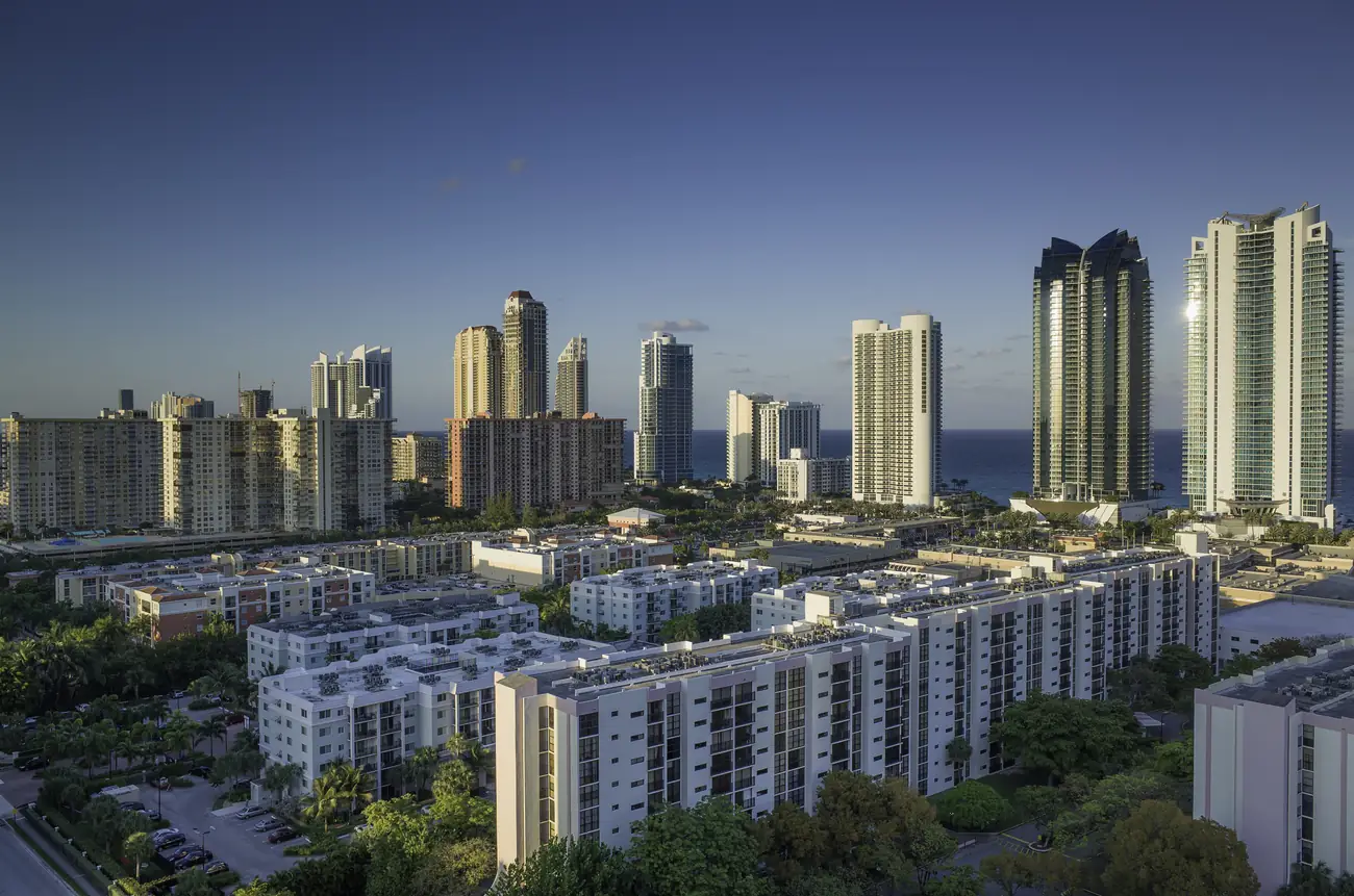 Oceanfront condominium towers and mid-rise residential buildings in Sunny Isles Beach, Florida
