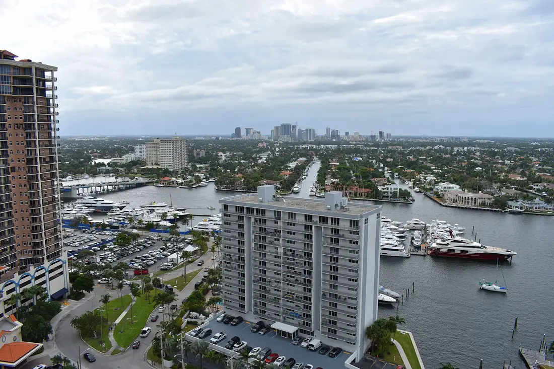 Waterfront residential high-rises and a marina along the Intracoastal Waterway in Fort Lauderdale, Florida