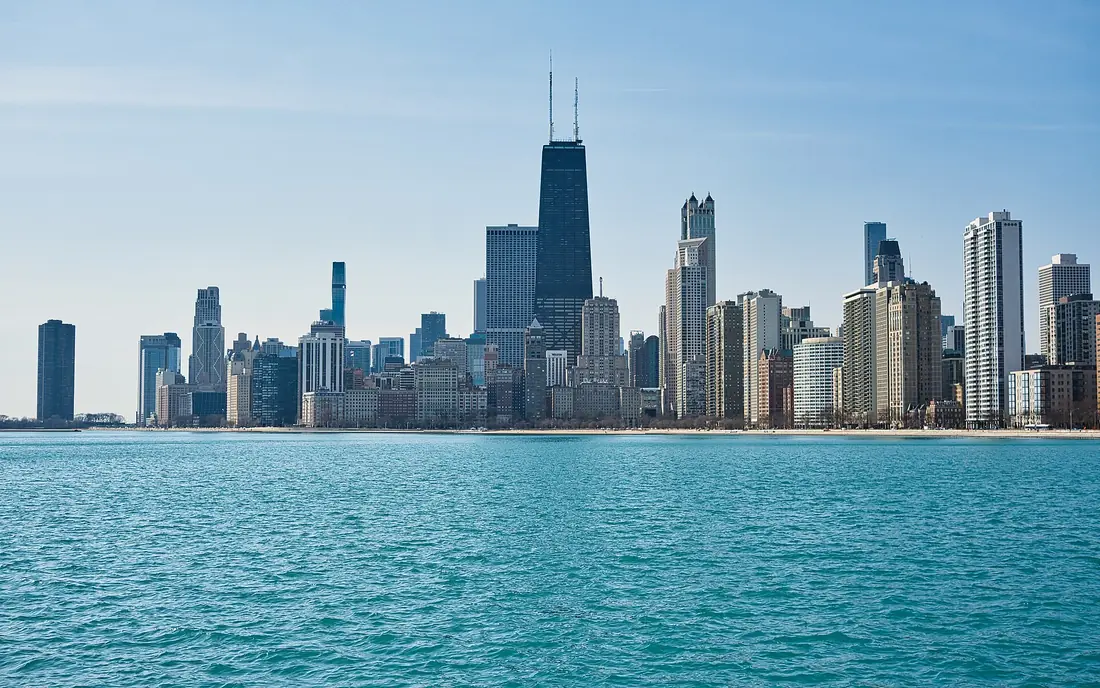 Chicago lakefront skyline of residential high-rises seen across Lake Michigan from North Avenue Beach