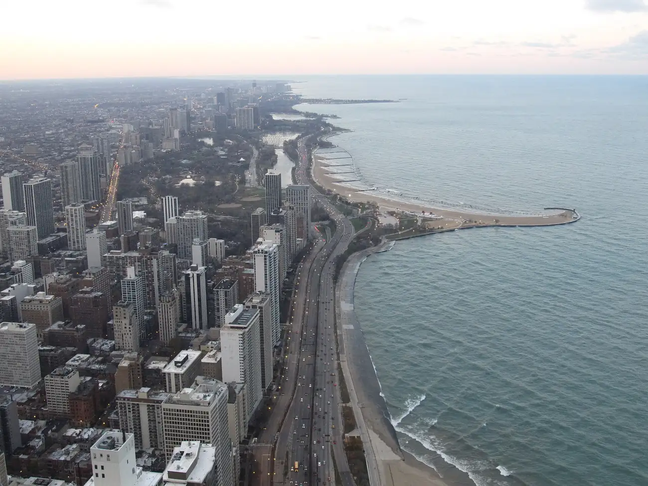 Aerial view of high-rise residential buildings along the Gold Coast lakefront in Chicago