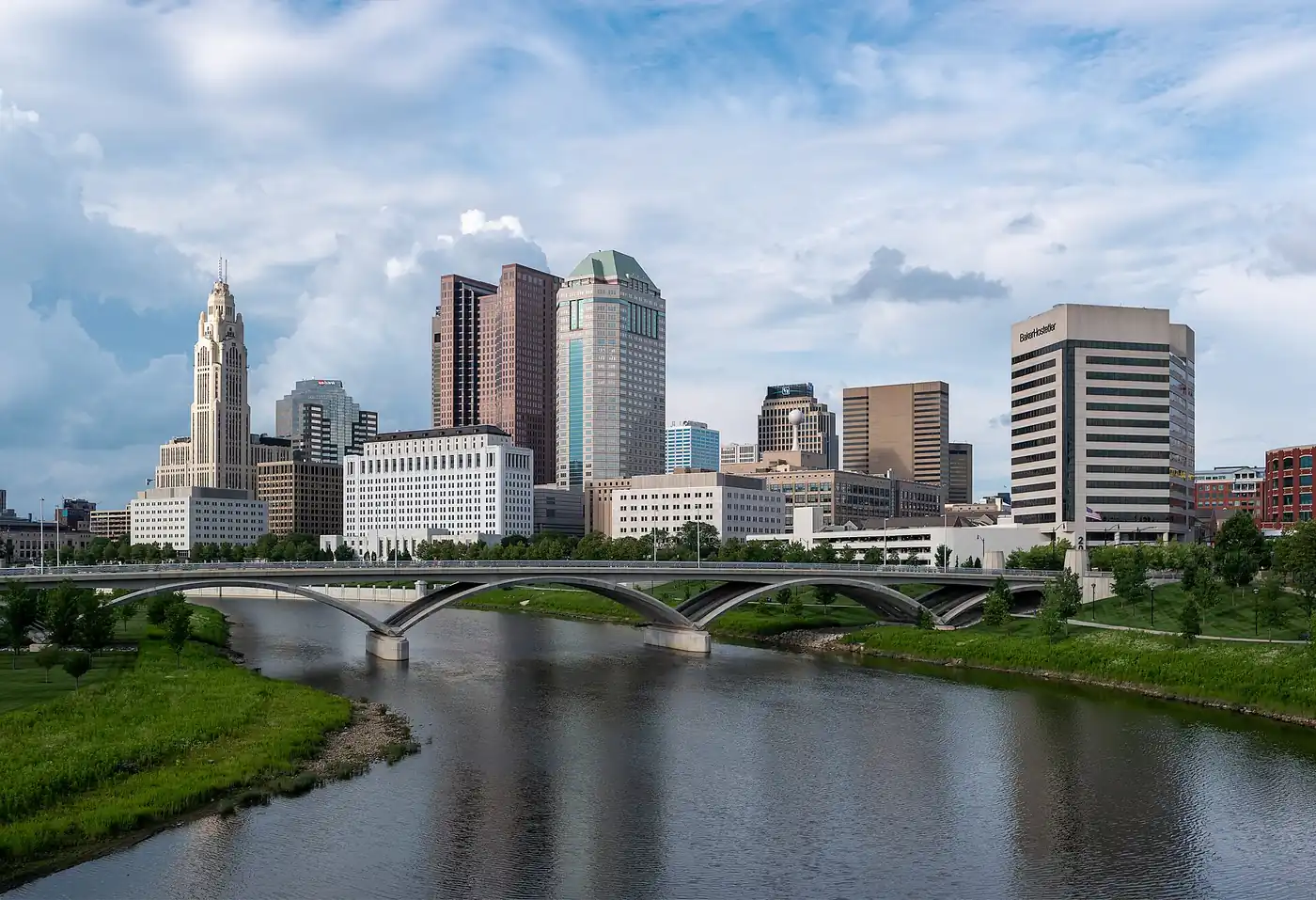Downtown Columbus skyline above the Scioto River, seen from the Main Street Bridge