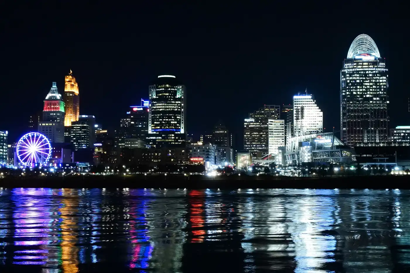 Downtown Cincinnati skyline at night across the Ohio River