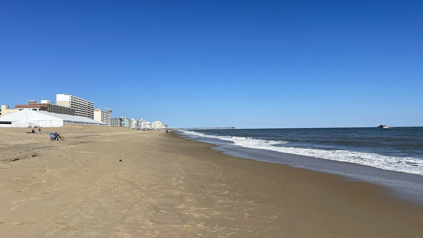 Oceanfront high-rise buildings along the beach at the Virginia Beach Oceanfront